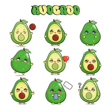 Komik, mutlu avokado karakterleri seti. Vektör el çizimi karikatür karakter çizim simgesi tasarımı. İzole edilmiş beyaz arka plan. Tatlı avokado maskotu koleksiyonu.