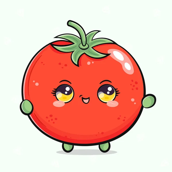 Cute Funny Tomato Waving Hand Vector Hand Drawn Cartoon Kawaii — Stock Vector