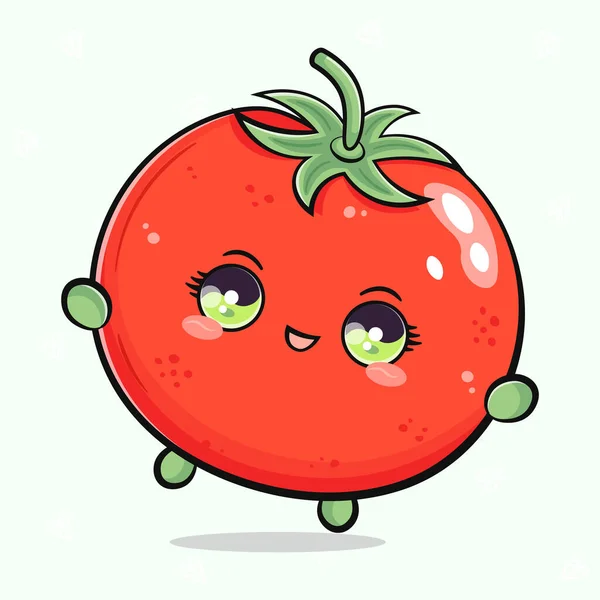 Lucu Melompat Tomat Vektor Tangan Gambar Kartun Kawaii Karakter Ikon - Stok Vektor