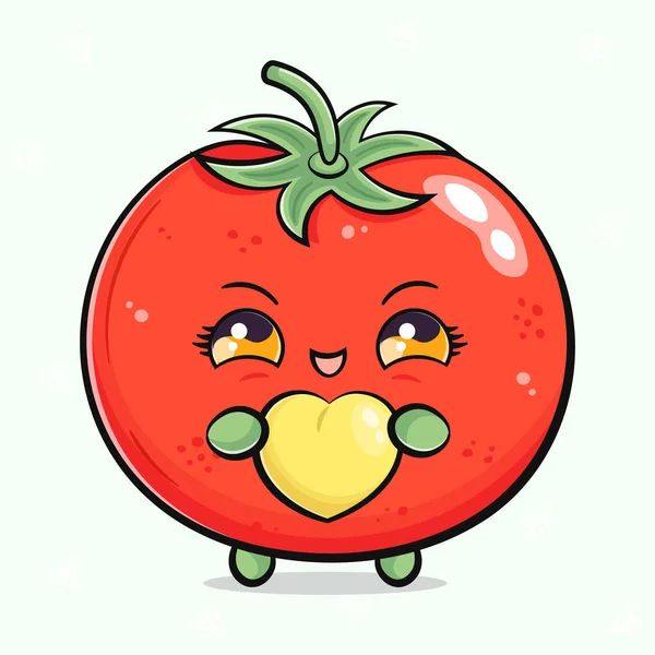 Söt Rolig Tomat Med Hjärta Handen Vektor Handritad Tecknad Kawaii — Stock vektor