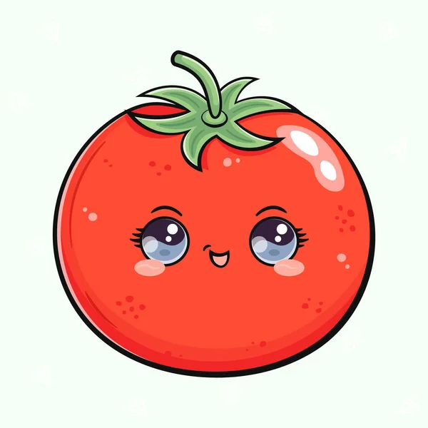 Simpatico Personaggio Divertente Pomodoro Vettore Disegnato Mano Cartone Animato Kawaii — Vettoriale Stock