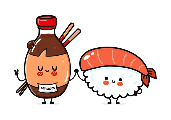 Sushi Sójová Omáčka Vektorové Ručně Kreslené Kreslené Postavičky Kawaii Ilustrační — Stockový vektor