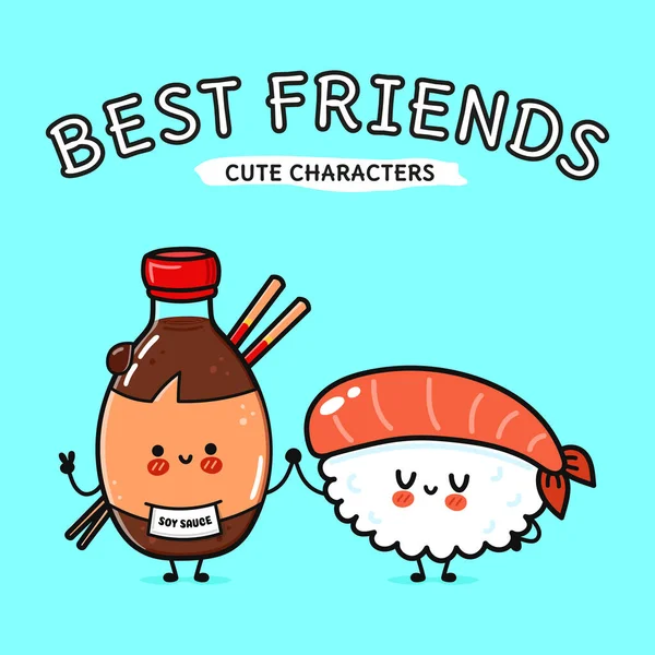 寿司と醤油のキャラクター ベクトル手描き漫画カワイイキャラクター イラストアイコン 面白い漫画幸せな寿司と醤油の友人 — ストックベクタ