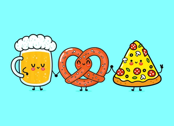 Roztomilá Veselá Sklenice Piva Pizzy Preclíku Vektorové Ručně Kreslené Kreslené — Stockový vektor