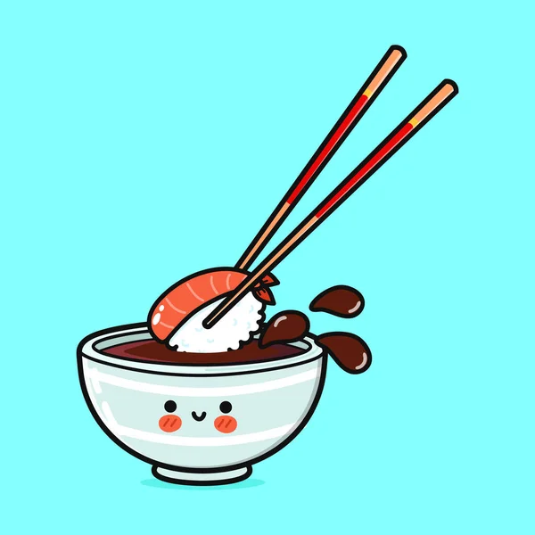 Tazón Divertido Lindo Salsa Soja Vector Dibujado Mano Caricatura Kawaii — Vector de stock
