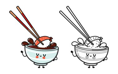 Komik, mutlu, soya soslu karakterler seti. Vektör el çizimi çizgi film kawaii karakter çizimi simgesi. Tatlı bir kase soya sosu. Boyama kitabı için çizgi film çizimi