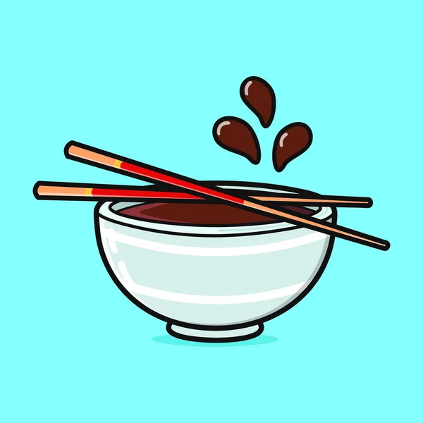 有趣的酱油碗 矢量手绘卡通人物插图图标 被蓝色背景隔离了酱油角色概念碗 — 图库矢量图片