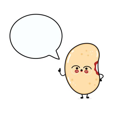 Konuşma baloncuğu olan sevimli komik fasulye. Vektör el çizimi çizgi film kawaii karakter çizimi simgesi. Beyaz arka planda izole edilmiş. Mutlu Soya fasulyesi karakter konsepti