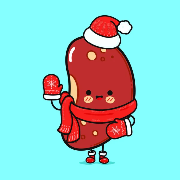 Lustig Lächelnd Glücklich Rote Bohnen Weihnachtsmütze Vektor Flache Zeichentrickfigur Illustration — Stockvektor