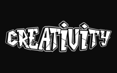Yaratıcılık kelimesi psikedelik graffiti tarzı harfler. Vektör el çizimi çizgi film logosu yaratıcılık illüstrasyonu. Komik garip mektuplar, moda, tişört için graffiti tarzı baskı, poster.