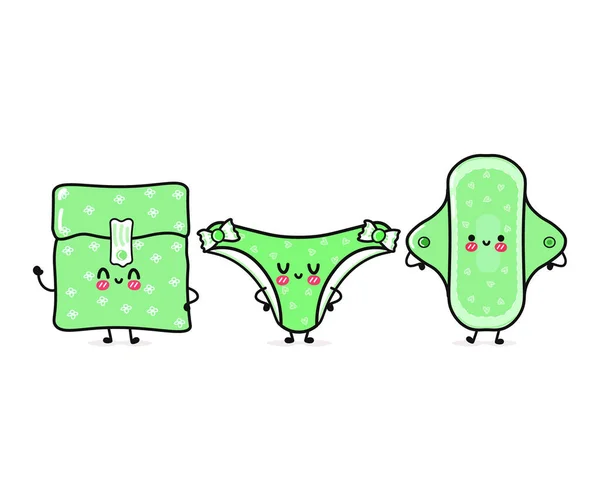 Bonito Calcinha Verde Almofada Menstrual Vector Mão Desenhada Personagens Desenho — Vetor de Stock
