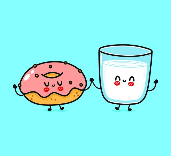 Rosafarbener Donut Und Glas Mit Milchcharakter Vektor Handgezeichnete Kawaii Comicfiguren — Stockvektor