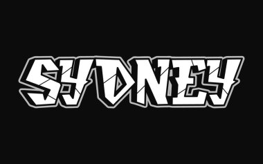 Sydney sözcüğü psikedelik graffiti tarzı harfler. Vektör el çizimi karalama çizgi film logosu Sydney kasabası illüstrasyonu. Komik garip mektuplar, moda, tişört için graffiti tarzı baskı, poster.