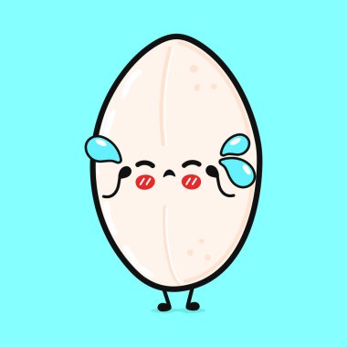 Ağlayan Rice karakteri. Vektör el çizimi çizgi film kawaii karakter çizimi simgesi. Mavi arka planda izole edilmiş. Üzgün Rice karakteri kavramı