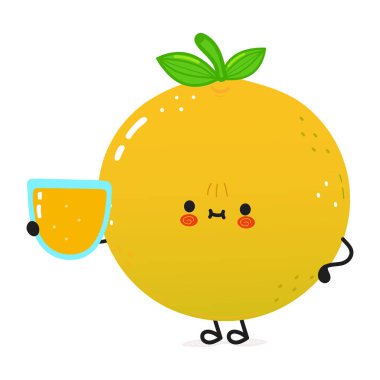 Meyve suyu dolu şirin bir greyfurt. Vektör el çizimi karikatür karakter çizim simgesi tasarımı. Güzel, mutlu greyfurtlu bir kart.