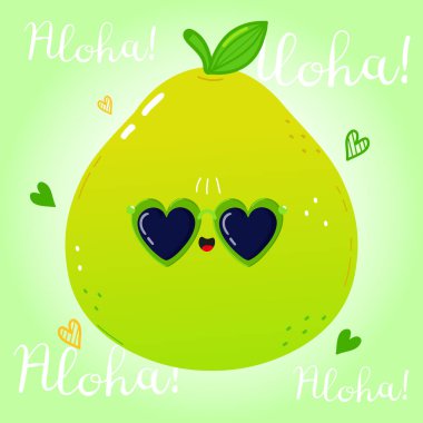 Sevimli komik Pomelo karakteri. Vektör el çizimi çizgi film kawaii karakter çizimi simgesi. Yeşil arka planda izole edilmiş. Mutlu Pomelo meyve karakteri konsepti. Aloha kartı