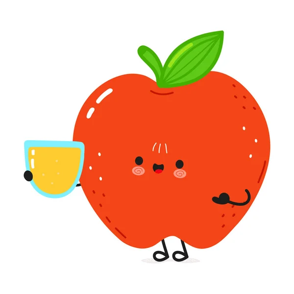 かわいい赤いアップル ジュースのガラス ベクターハンド描画落書きスタイル漫画キャラクターイラストアイコンデザイン かわいい幸せな赤いアップルフルーツのカード — ストックベクタ