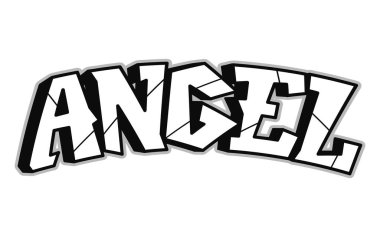 Melek kelimesi psikedelik graffiti tarzı harfler. Vektör el çizimi karikatür çizgi filmi logosu çizimi. Komik garip mektuplar, moda, tişört için graffiti tarzı baskı, poster konsepti.