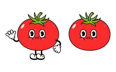 Sevimli komik domates karakteri. Vektör el, geleneksel çizgi film klasiği, retro kawaii karakter resimleme simgesi çizdi. İzole edilmiş beyaz arka plan. Domates karakteri kavramı