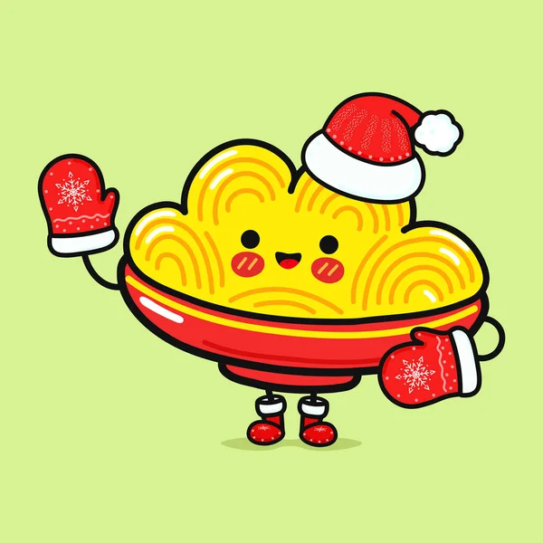 Engraçado Sorrir Feliz Placa Espaguete Chapéu Natal Desenho Ícone Ilustração — Vetor de Stock