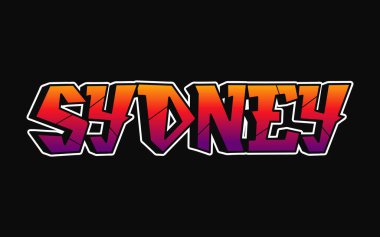 Sydney City dilinde hayali graffiti tarzı harfler. Vektör el çizimi karikatür logosu Sydney illüstrasyonu. Komik garip mektuplar, moda, tişört için graffiti tarzı baskı, poster.