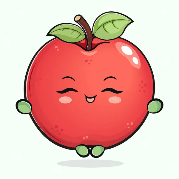 有趣的红色苹果做瑜伽的角色 矢量手绘传统卡通片复古 卡通人物插图图标 被浅绿色的背景隔离 红苹果放松性格 — 图库矢量图片