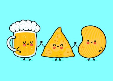 Sevimli, neşeli bir bardak bira, cips ve cips. Vektör el çizimi çizgi film kawaii karakterleri, illüstrasyon simgesi. Komik, mutlu bir çizgi film bardağı bira cipsi maskot arkadaşlar emoji, çocuk, bebek, yüz