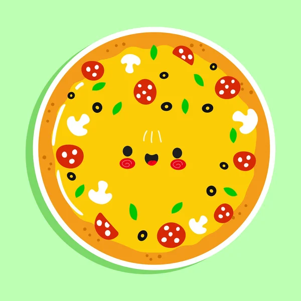 Cute Funny Pizza Sticker Character Vector Hand Drawn Cartoon Kawaii — Stock Vector
