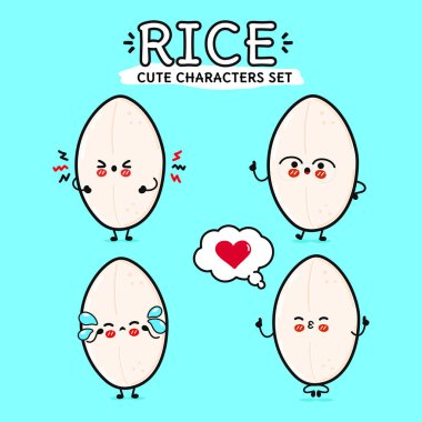 Komik, sevimli, mutlu Rice karakterleri seti. Vektör el çizimi karikatür karakter çizim simgesi tasarımı. Mavi arka planda izole edilmiş. Pirinç maskotu karakter koleksiyonu
