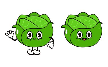 Sevimli komik lahana karakteri. Vektör el, geleneksel çizgi film klasiği, retro kawaii karakter resimleme simgesi çizdi. İzole edilmiş beyaz arka plan. Lahana karakteri kavramı