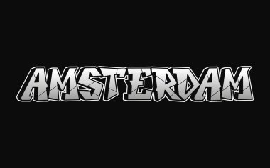 Amsterdam kelimesi grafiti stili harfler. Vektör el çizimi karikatür logosu illüstrasyonu. Komik Amsterdam mektupları, moda, grafiti tarzı tişört baskısı, poster