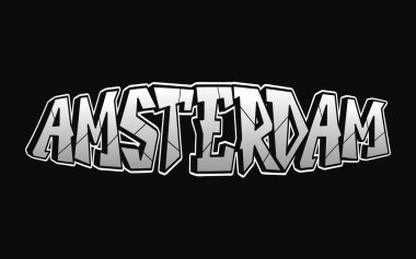 Amsterdam kelime graffiti stili harfler. Vektör el karalama çizgi film logosu çizimi. Komik Amsterdam mektupları, moda, grafiti tarzı tişört baskısı, poster