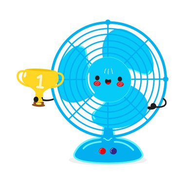 Şirin komik Air hayranı altın kupayı tutuyor. Vektör el çizimi çizgi film kawaii karakter çizimi simgesi. İzole edilmiş beyaz arka plan. Kazanan kupa ile Happy Air vantilatörü