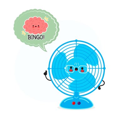 Konuşma balonu ve beyin karakterli bir vantilatör. Vektör el çizimi çizgi film Kawaii karakteri çizimi. İzole edilmiş beyaz arka plan. Hava vantilatörü ve beyni olan poster.