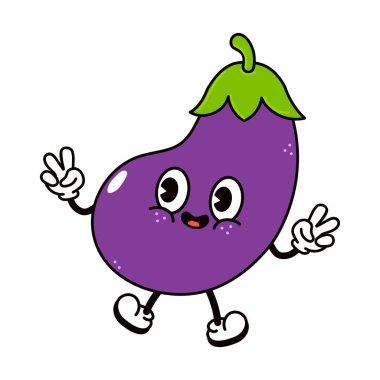 Şirin zıplayan patlıcan karakteri. Vektör el klasik çizgi film antika Kawaii karakter çizimi ikonu çizdi. İzole edilmiş beyaz arka plan. Patlıcan karakter sıçraması