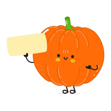 Balkabağı poster karakteri. Vektör el çizimi çizgi film Kawaii karakteri çizimi. İzole edilmiş beyaz arka plan. Balkabağı ve poster