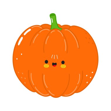 Şirin komik balkabağı karakteri. Vektör el çizimi çizgi film kawaii karakter çizimi simgesi. İzole edilmiş beyaz arka plan. Mutlu Balkabağı karakter konsepti