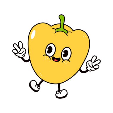 Tatlı zıplayan biber karakteri. Vektör el, geleneksel çizgi film klasiği, retro kawaii karakter resimleme simgesi çizdi. İzole edilmiş beyaz arka plan. Çan biberi karakter konsepti