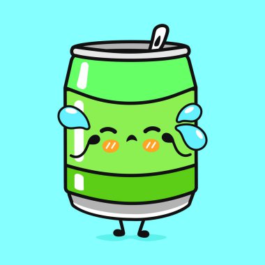 Ağlayan Soda çıkartması karakteri. Vektör el çizimi çizgi film kawaii karakter çizimi simgesi. Mavi arka planda izole edilmiş. Üzücü Soda çıkartması karakter kavramı