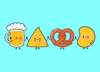 Sevimli, neşeli bir bardak bira, nacho, cips, pretzel. Vektör el çizimi çizgi film kawaii karakterleri, illüstrasyon simgesi. Komik karikatür bardağı bira cipsi kraker maskotu arkadaş konsepti.