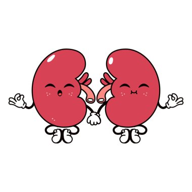 Yoga yapan sevimli komik böbrekler. Vektör el, geleneksel çizgi film klasiği, retro kawaii karakter resimleme simgesi çizdi. İzole edilmiş beyaz arka plan. Turp karakteri kavramı