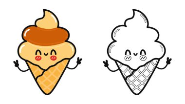 Komik, sevimli, mutlu dondurma karakterleri takımı. Vektör el çizimi çizgi film kawaii karakter çizimi simgesi. Güzel dondurmaymış. Çizgi film resimleme kitabı