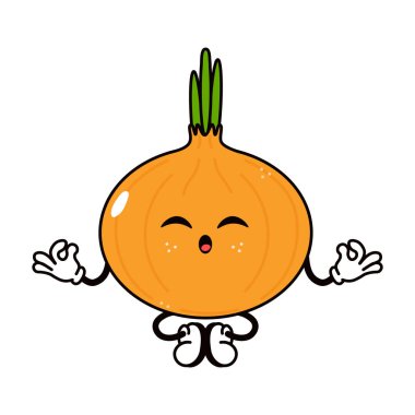 Yoga yapan sevimli komik soğan. Vektör el, geleneksel çizgi film klasiği, retro kawaii karakter resimleme simgesi çizdi. İzole edilmiş beyaz arka plan. Soğan gevşetici karakter kavramı