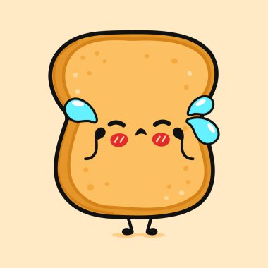 Sevimli ağlamalı ekmek dilimi karakteri. Vektör el çizimi çizgi film kawaii karakter çizimi simgesi. Kahverengi arka planda izole edilmiş. Kızgın şirin tost ekmeği karakteri.