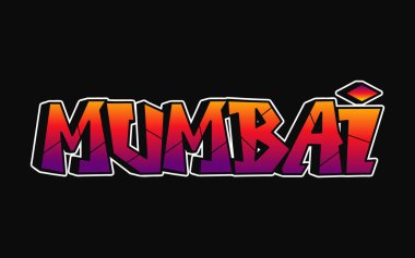 Mumbai şehri kelime trippy psychedelic grafiti tarzı harfler. Vektör el çizimi karikatür çizimi Mumbai illüstrasyonu. Komik garip mektuplar, moda, tişört için graffiti tarzı baskı, poster.