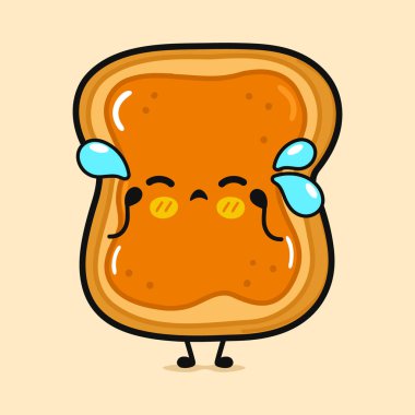 Şirin ağlayan fıstık ezmeli ekmek parçası. Vektör el çizimi çizgi film kawaii karakter simgesi. Kahverengi arka planda izole edilmiş. Fıstık ezmeli tost ekmeği.