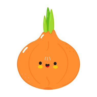 Sevimli komik soğan karakteri. Vektör el çizimi çizgi film kawaii karakter çizimi simgesi. Beyaz arka planda izole edilmiş. Mutlu Soğan karakter konsepti