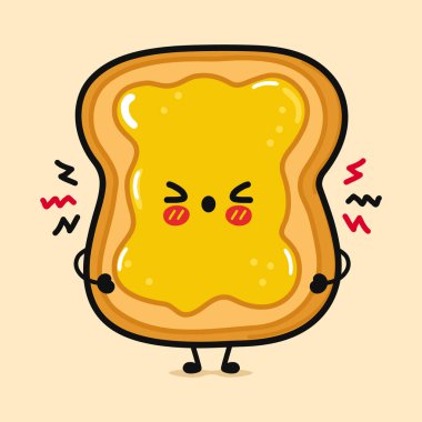 Tatlı üzgün tost ve bal karakteri. Vektör el çizimi çizgi film kawaii karakter simgesi. İzole edilmiş kahverengi arka plan. Kızgın şirin tost, bal karakterli.
