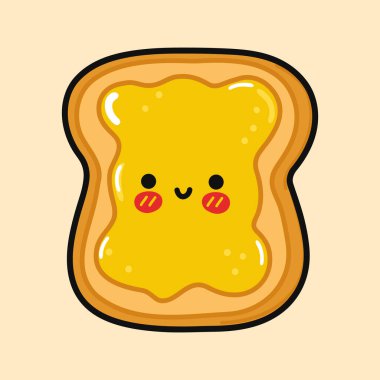 Tatlı, komik, ballı tost. Vektör el çizimi çizgi film Kawaii karakteri çizimi. Kahverengi arka planda izole edilmiş. Tatlı karakterli mutlu kadeh kaldırmalar.