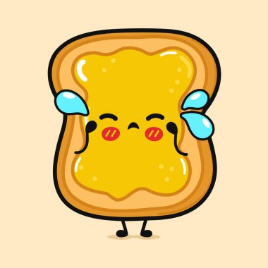 Tatlı ağlama tostu ve bal karakteri. Vektör el çizimi çizgi film kawaii karakter simgesi. Kahverengi arka planda izole edilmiş. Tatlı karakterli tost.